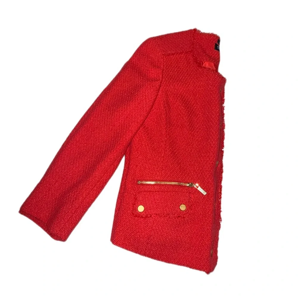 Jones New York Collection Red Tweed Jacket Gold Button Stretch Blazer Size 8